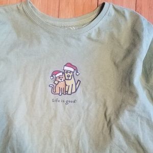 Life is Good  lt green holiday tee shirt dog cat M